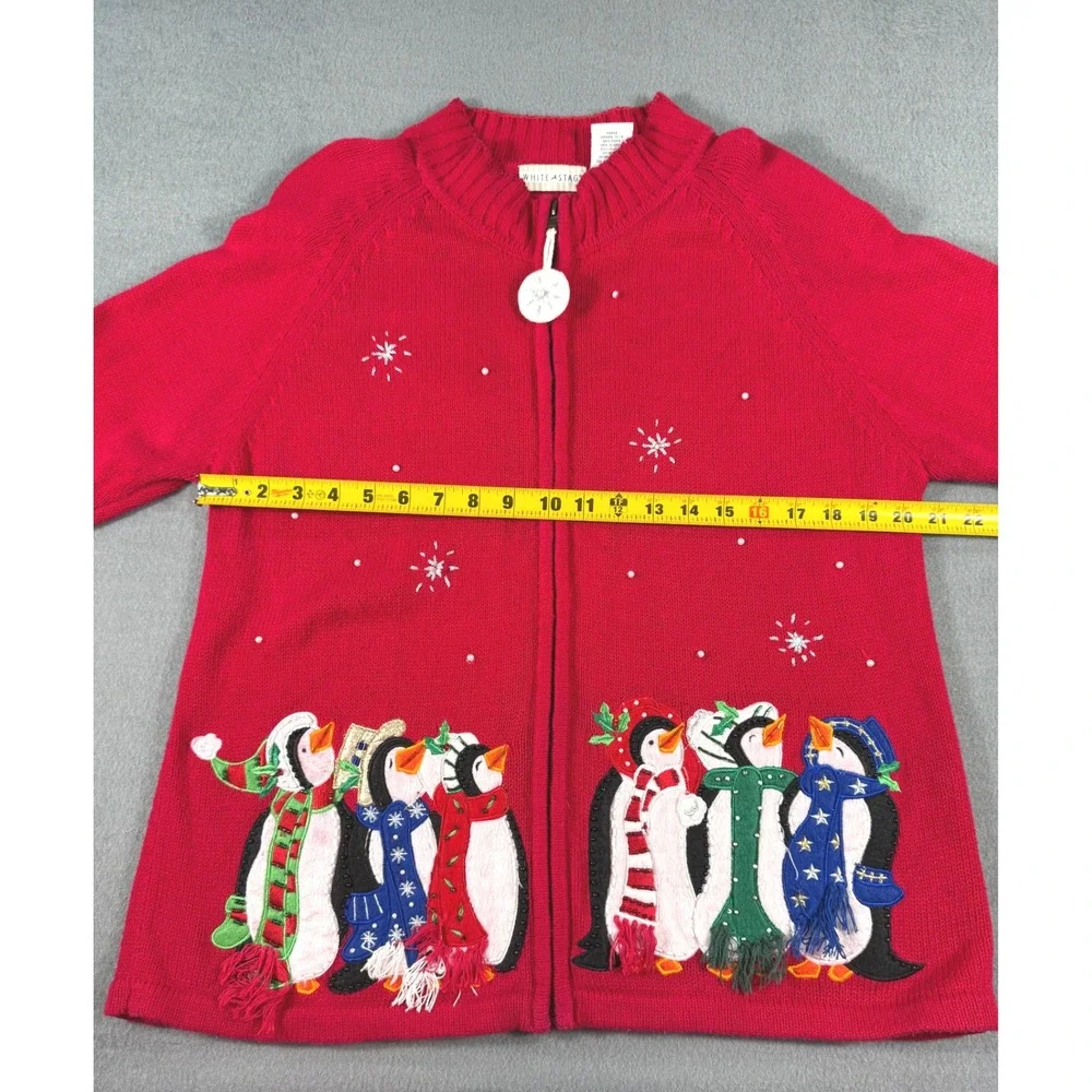 White Stag Red Penguin Ugly Christmas Cardigan Sweater Holiday‎ Festive Large